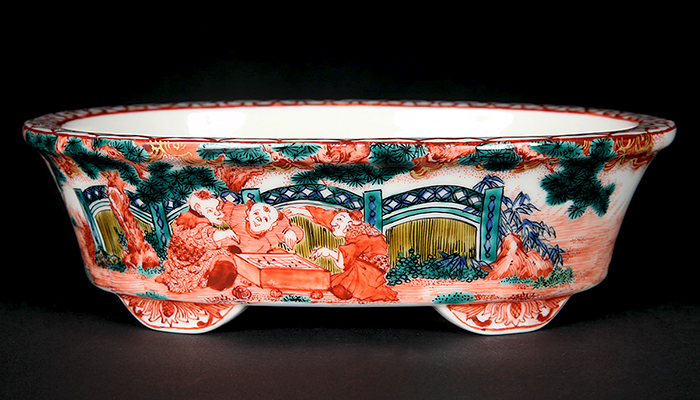 平安泉山・九谷一向画色絵人物図楕円鉢