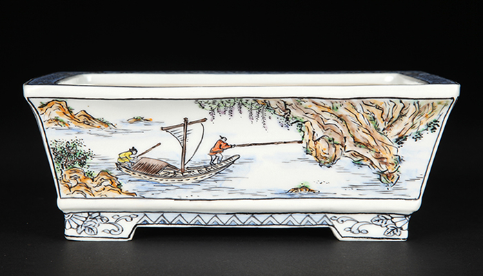 月之輪正泉五彩舟山水図長方鉢
