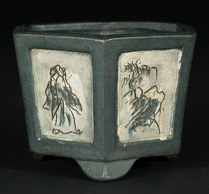 春松作茶山彫六角鉢