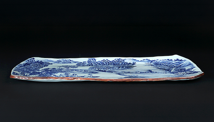 北村宗善染付山水図長方陶板