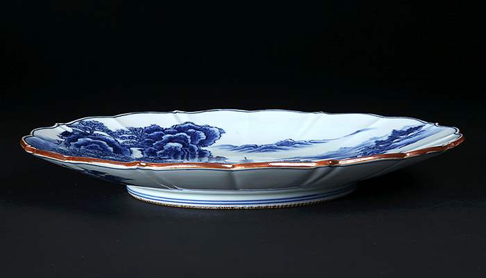 北村賀善染付山水図古鏡型皿