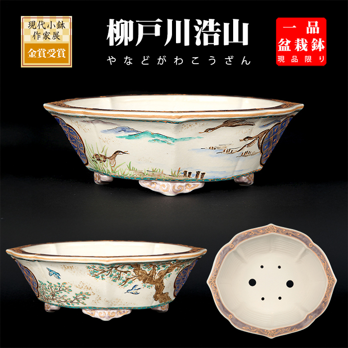 柳戸川浩山花鳥図剣木瓜式鉢　NO.147