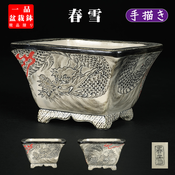 春雪墨絵龍図長方鉢