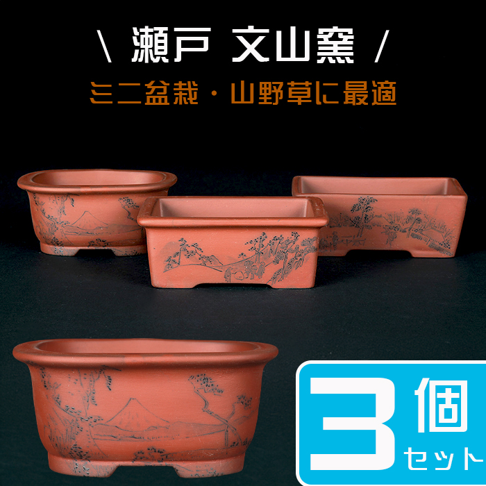 瀬戸焼文山窯朱泥絵付鉢3点セット