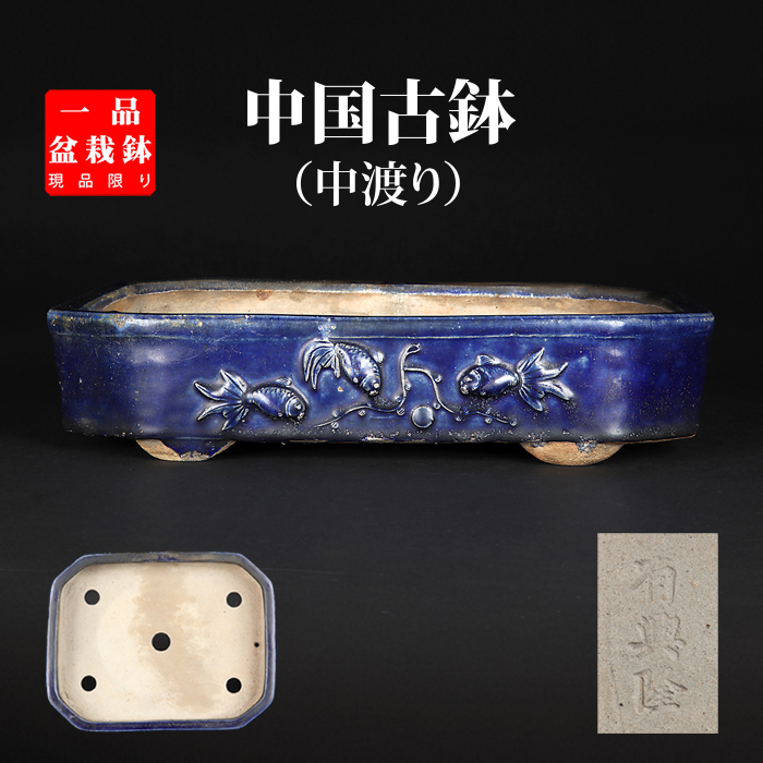 広東瑠璃釉浮彫長方鉢〔有興隆〕